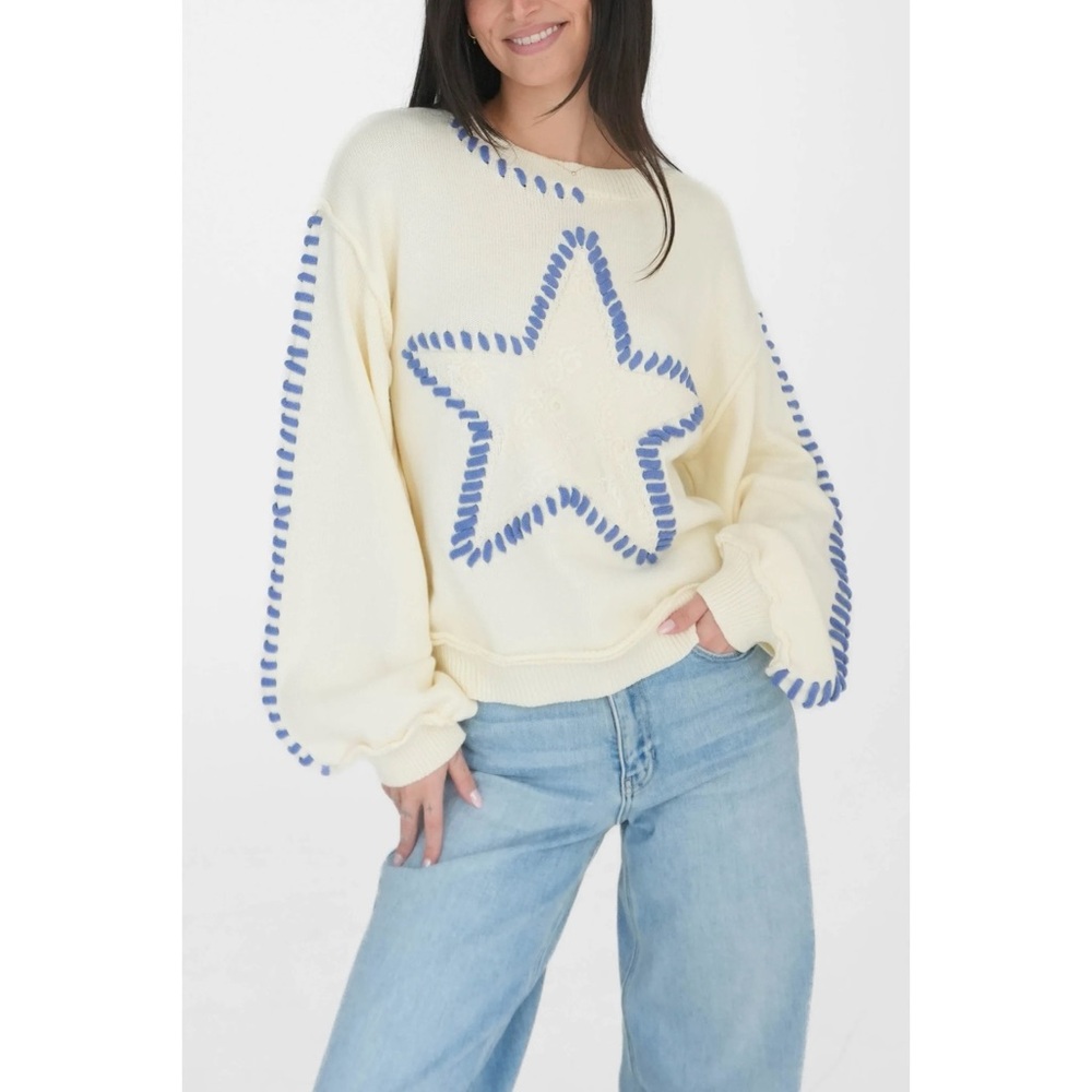 POL Cream with Blue Star Contrast Stitched Relaxed Fit Sweater - Picture 12 of 13